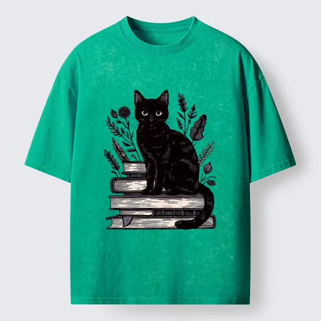 Unisex Books And Cats Washed T-Shirt