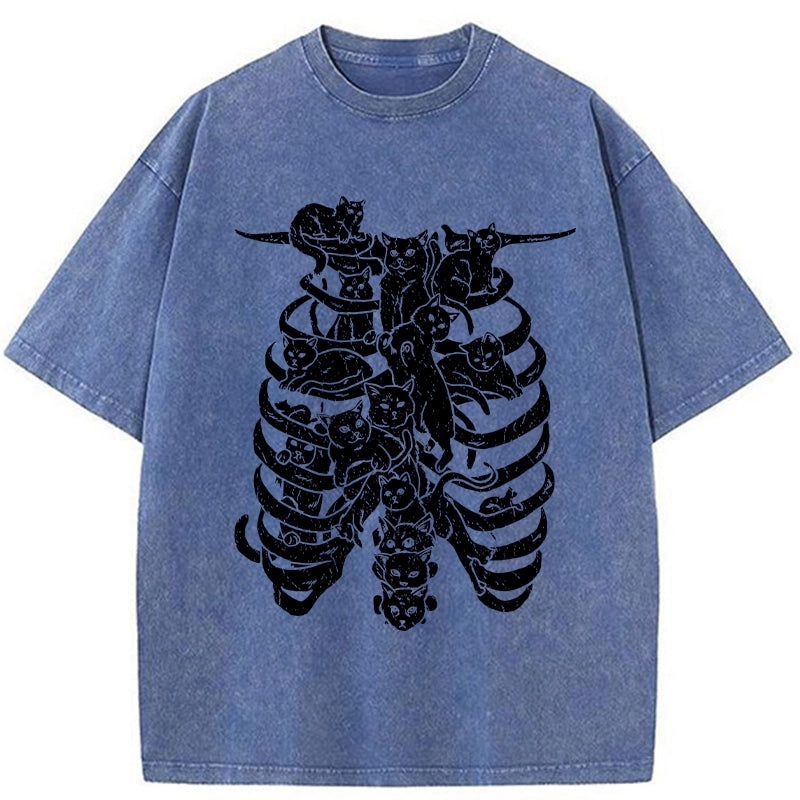 Cat Lying On The Skeleton Washed T-Shirt