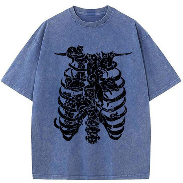 Cat Lying On The Skeleton Washed T-Shirt