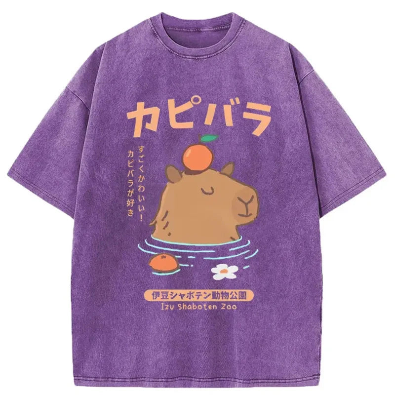 Capybara Soaking In Hot Springs Washed T-Shirt