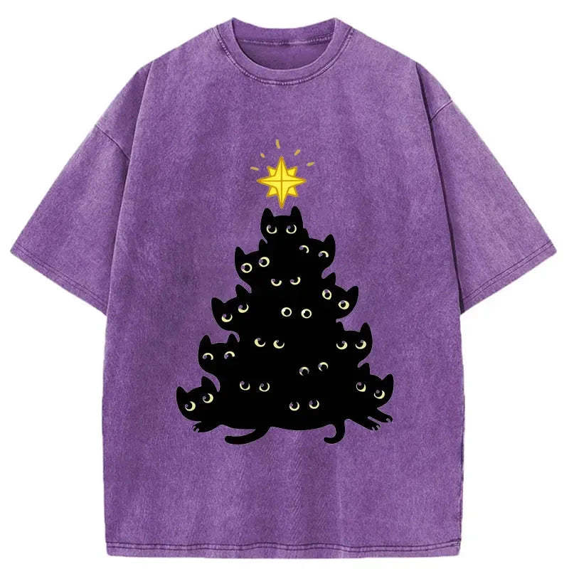Black Cat Christmas Tree Washed T-Shirt