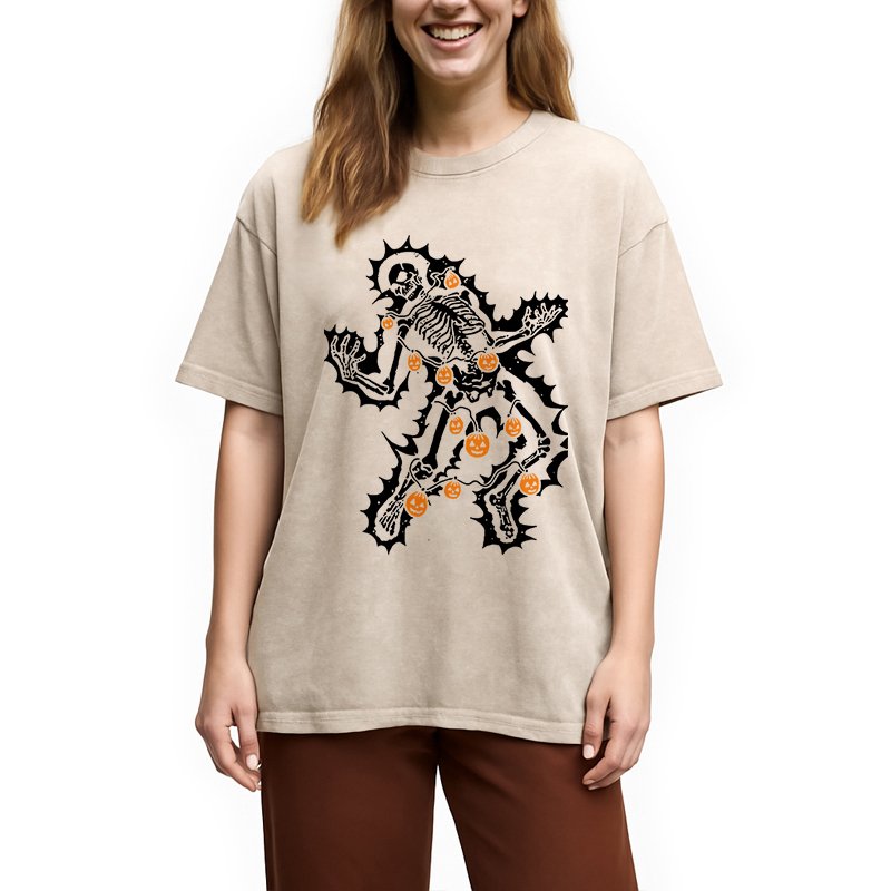 Electrocuted Skeleton Halloween Washed T-Shirt