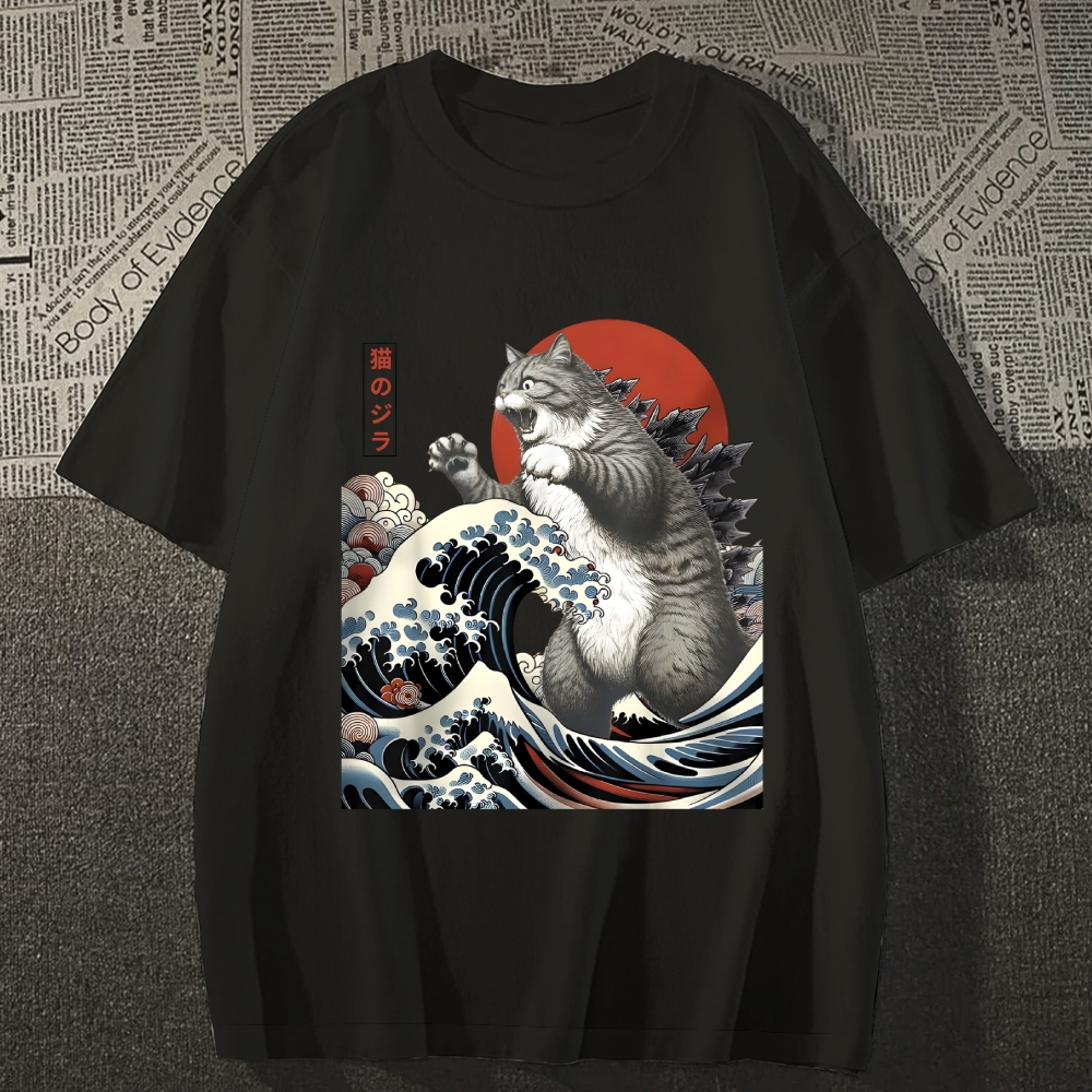 Cat Godzilla Ukiyoe Great Wave Japanese Style Classic Tee