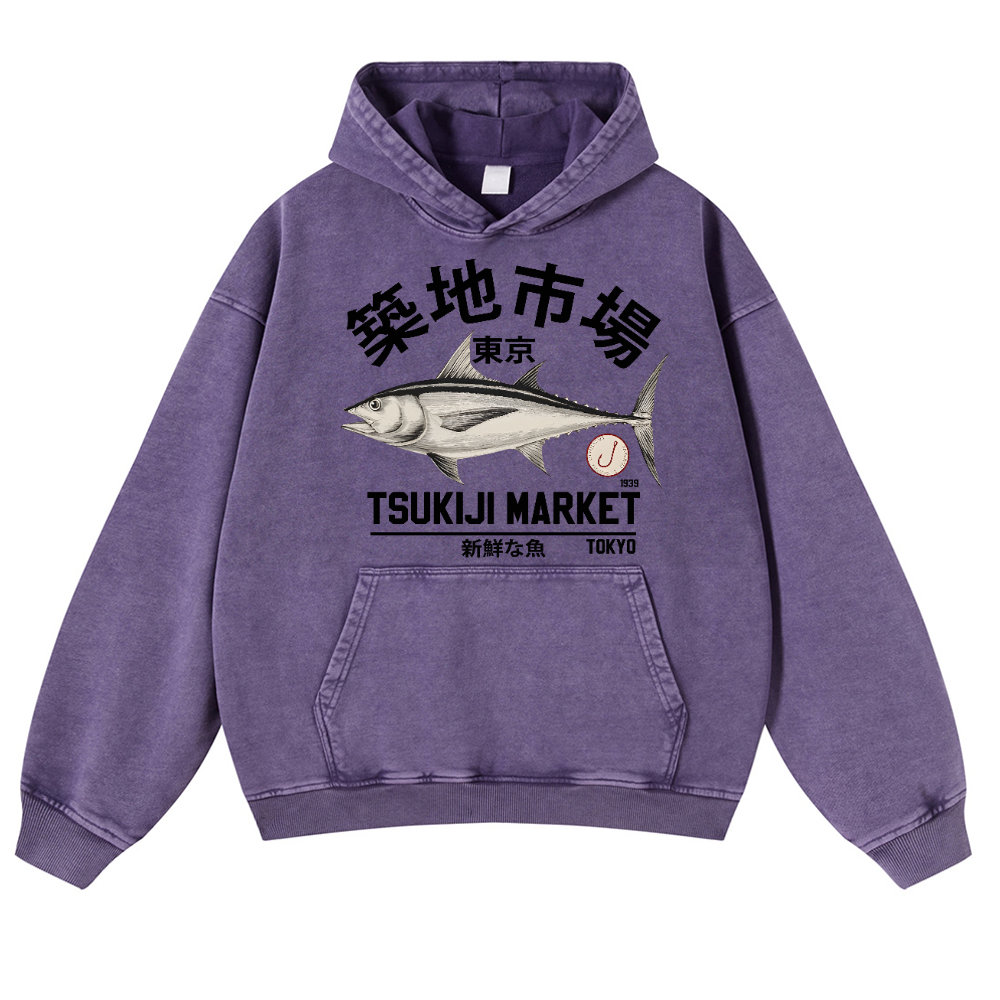 Tsukiji Tuna Fish Market Vintage Washed Thick Cotton Hoodie