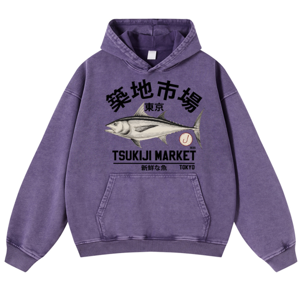 Tsukiji Tuna Fish Market Vintage Washed Thick Cotton Hoodie