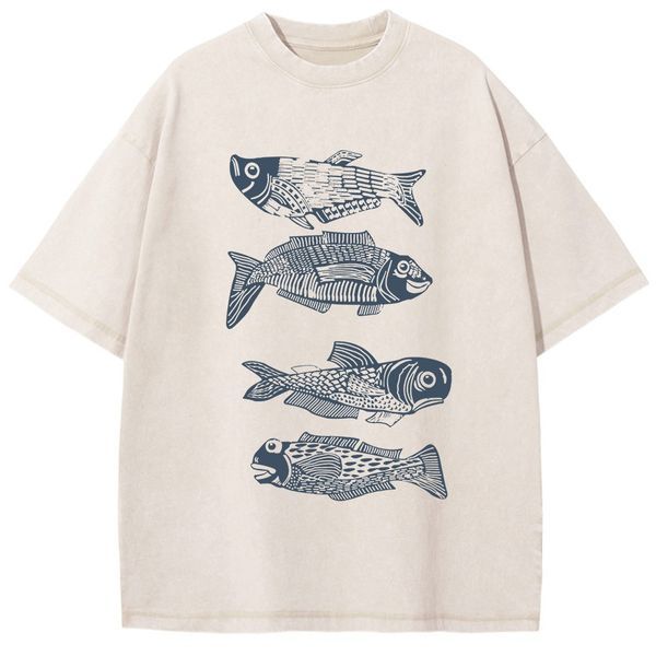 Unisex Fish Printed Washed Tee
