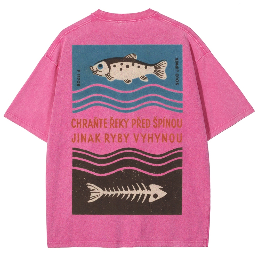 Fish And Fish Bone Washed Vintage Short Sleeves T-Shirt