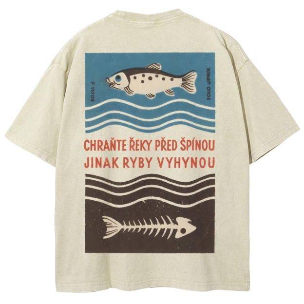 Fish And Fish Bone Washed Vintage Short Sleeves T-Shirt