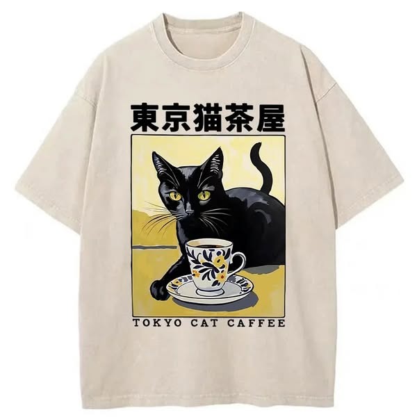 Fishneo Japanese Cat Cafe Washed T-Shirt