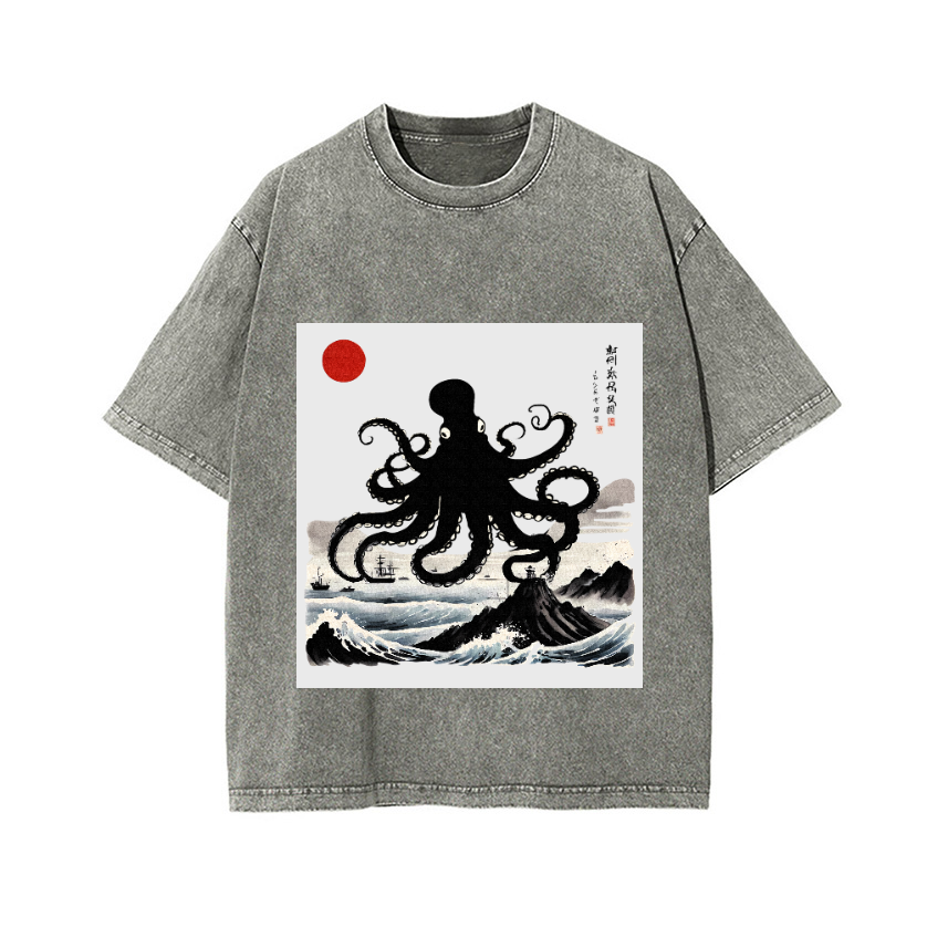 The Giant Octopus in the Sea Vintage Wash Japanese Design T-Shirt