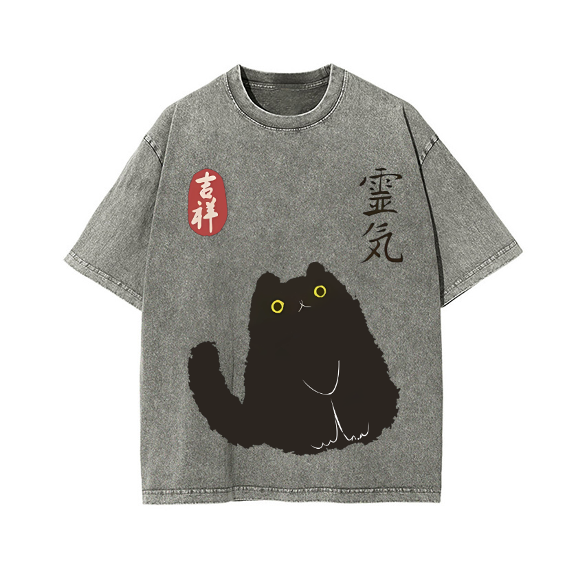 Lucky Cat Black Cat Vintage Wash Japanese Design T-Shirt