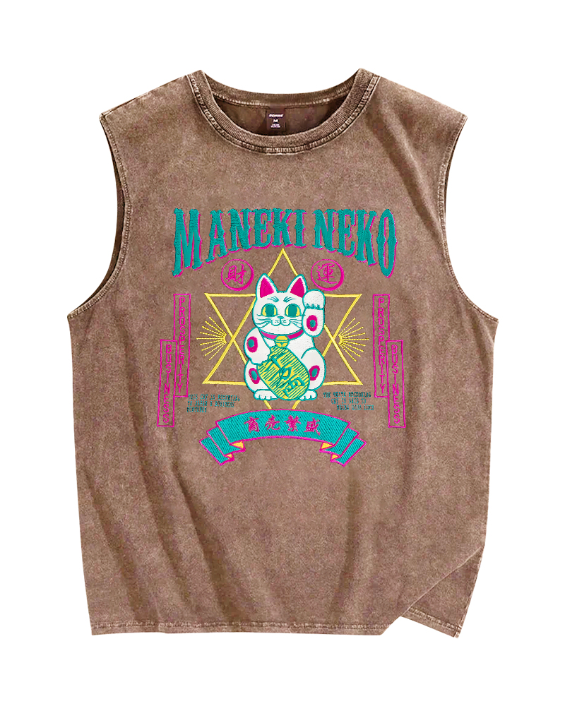 Maneki Neko Lucky Cat Vintage Distressed Washed Tank Top