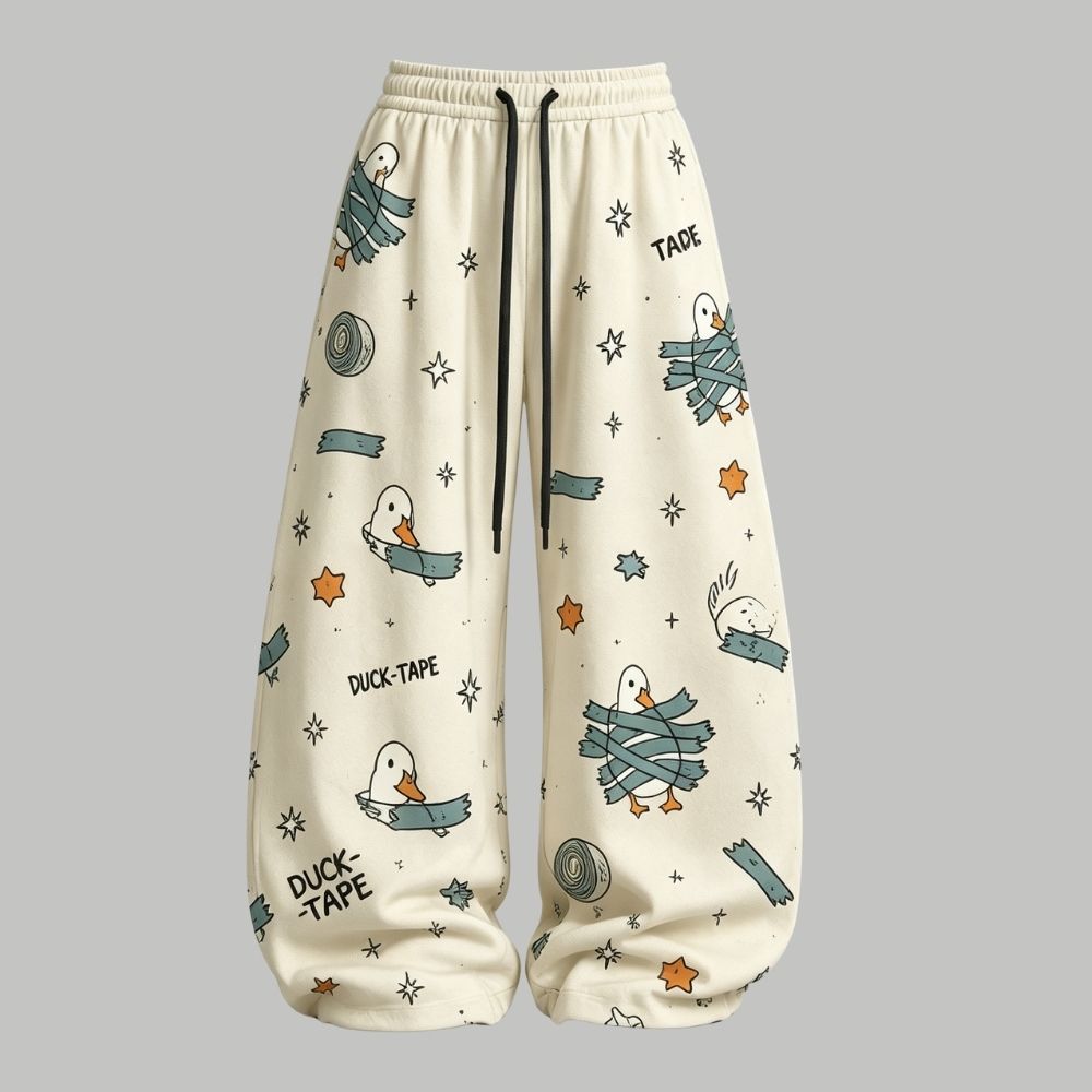 Funny Duck‑Tape Print Top & Elasticated Trousers Two-Piece Set