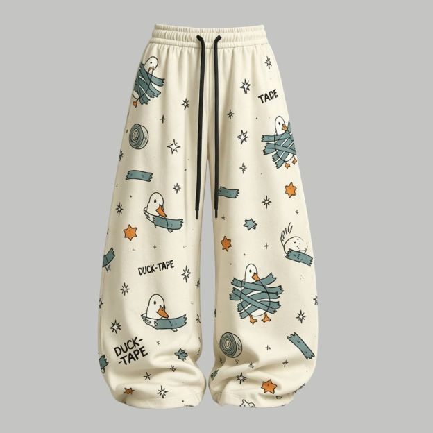 Funny Duck‑Tape Print Top & Elasticated Trousers Two-Piece Set