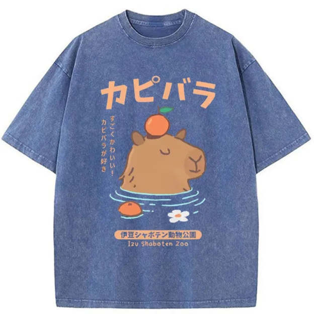 Capybara Soaking In Hot Springs Washed T-Shirt