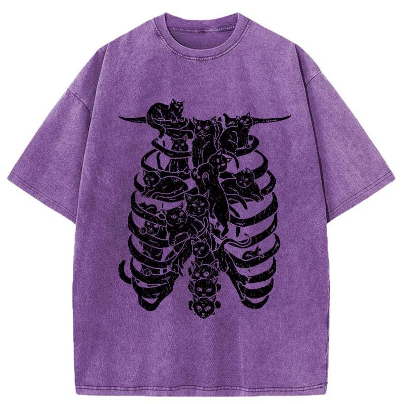 Cat Lying On The Skeleton Washed T-Shirt