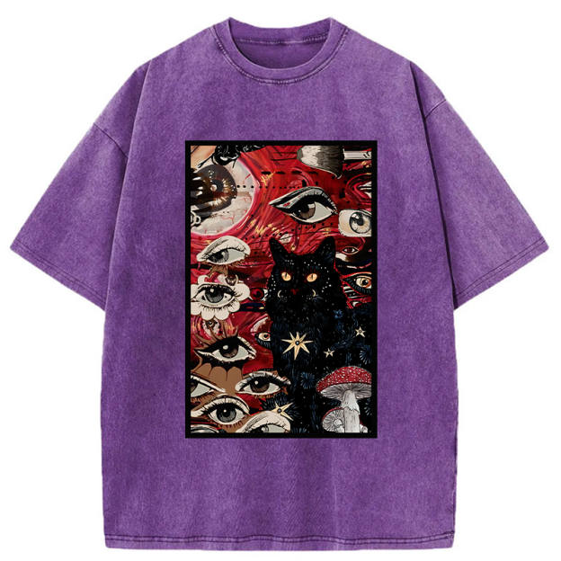 Psychedelic Black Cat Washed T-Shirt