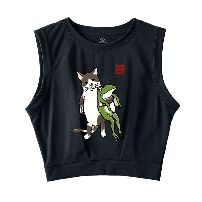  Cat Holding A Frog Sleeveless Crop Top