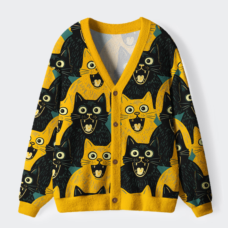 Unisex Yellow Cat And Black Cat Ugly Cardigan Sweater