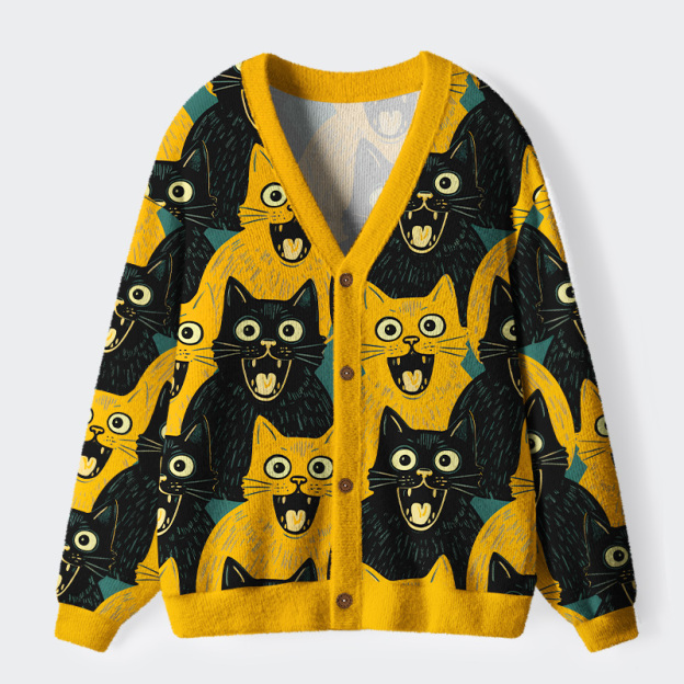 Unisex Yellow Cat And Black Cat Ugly Cardigan Sweater