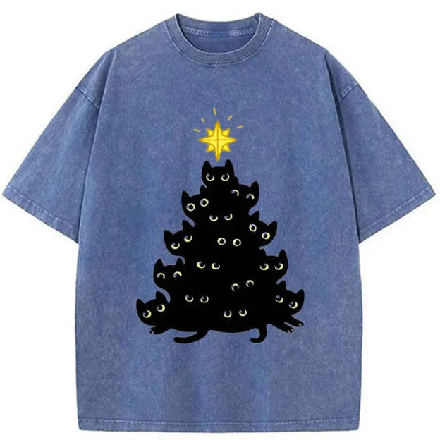 Black Cat Christmas Tree Washed T-Shirt