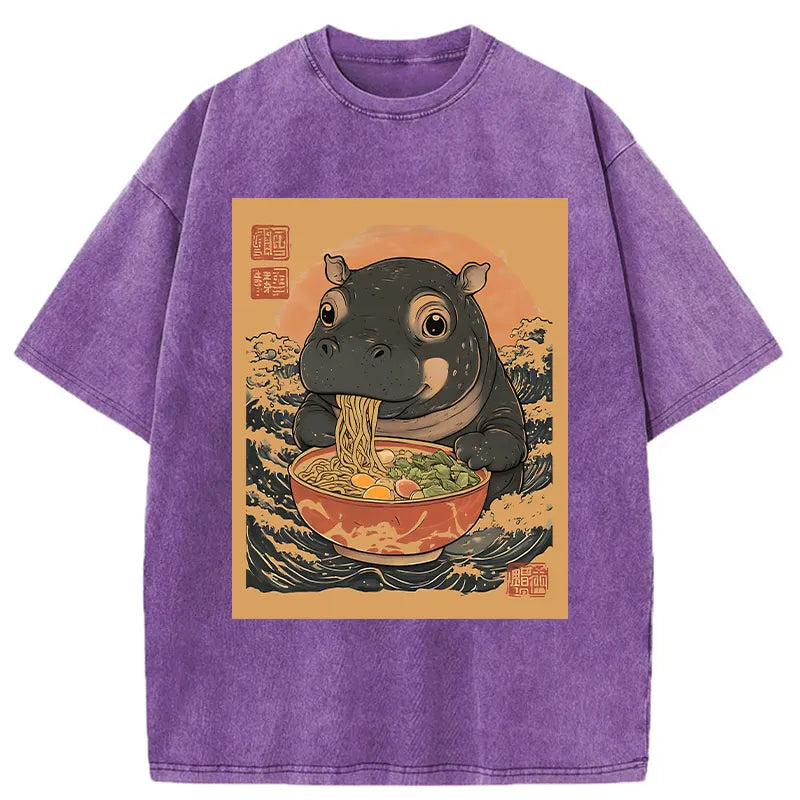 Moo Deng Eat Ramen Washed T-Shirt
