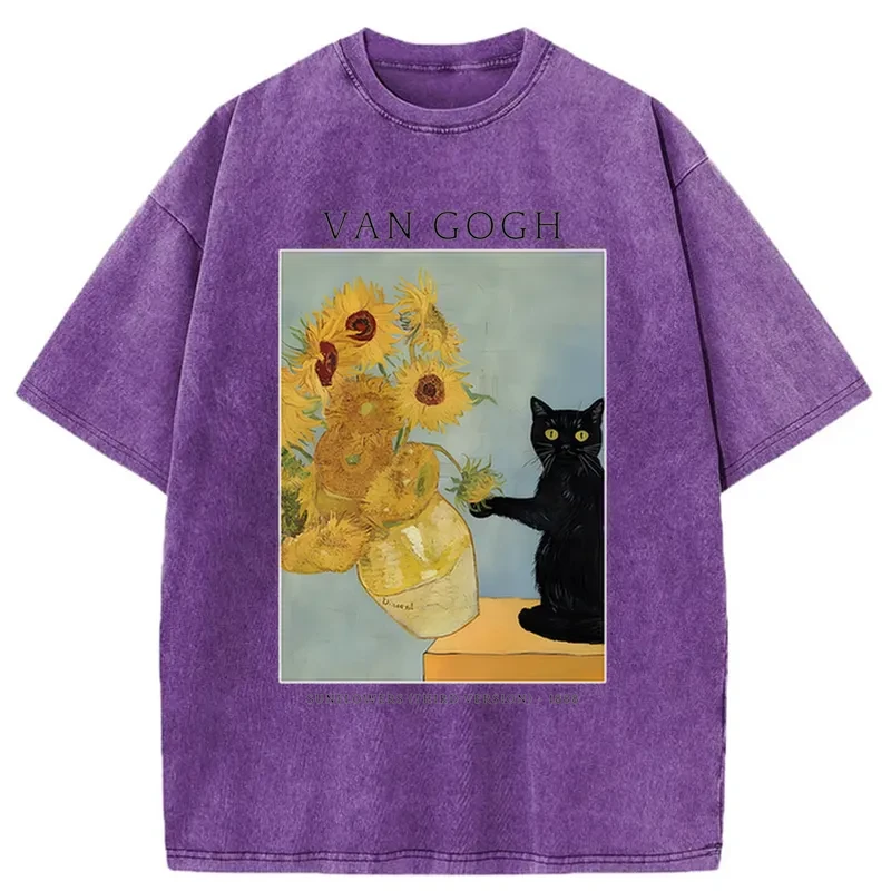 Black Cat With Sunflowers Washed T-Shirt