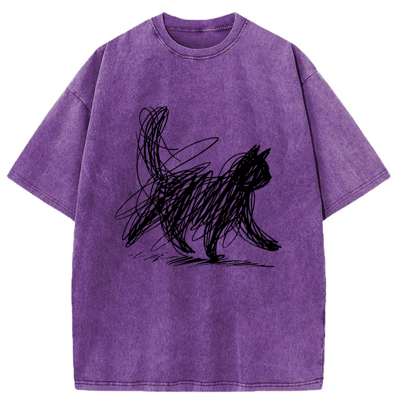 Unisex Minimalist Cat Art Washed T-Shirt