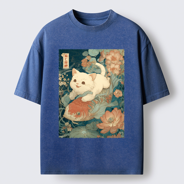 Unisex Cat And Koi Washed T-Shirt