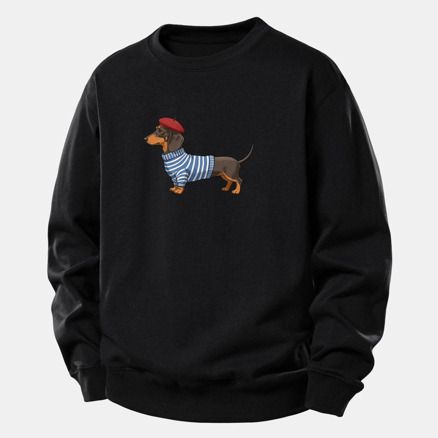 Dachshund Wearing Striped Sweater Print Relax Fit Sweatshirt
