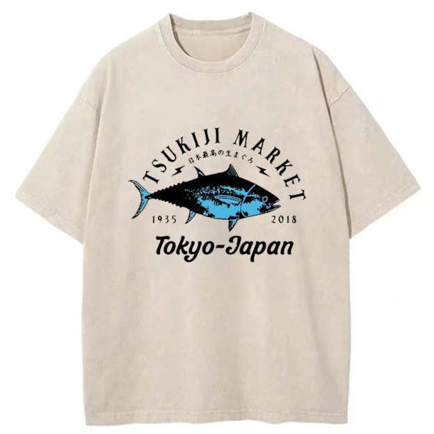 Tsukiji Fish Market Blue Fish Washed T-Shirt
