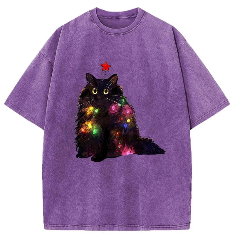 Christmas Lights Cat Washed T-Shirt