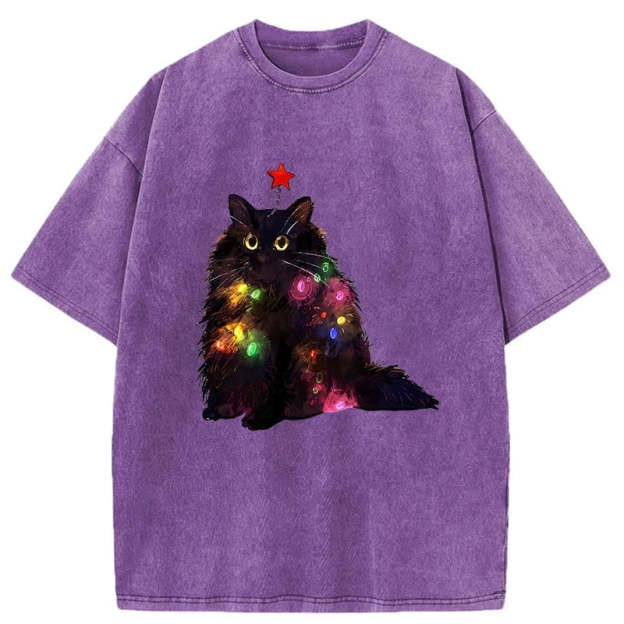 Christmas Lights Cat Washed T-Shirt