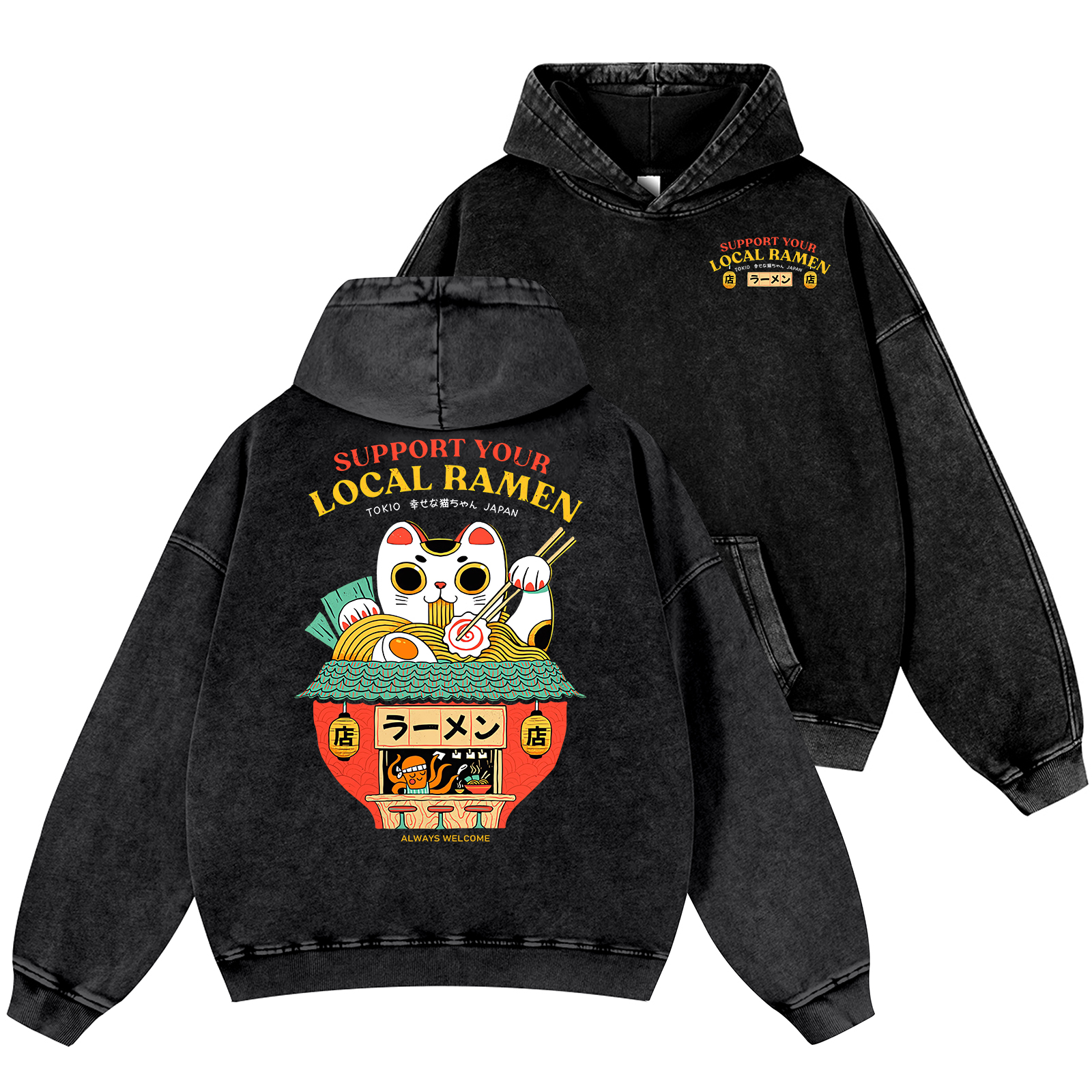 Ramen Lucky Cat Vintage Washed Cotton Back Art Hoodie