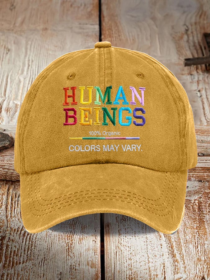 Retro Human Beings 100% Organic Colors May Vary Human Rights Equality Pride Print Baseball Cap