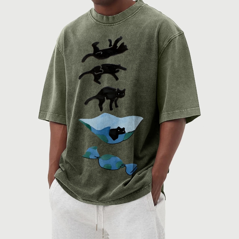 Cat Landing Washed Vintage Short Sleeves T-Shirt