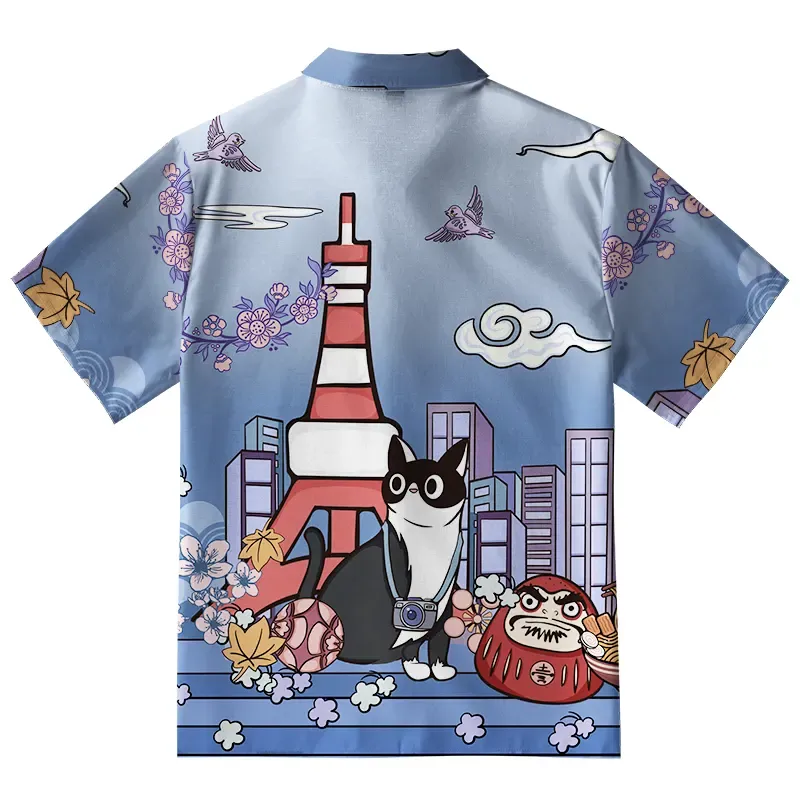 Tokyo Tower Landscape With Cat Button-up Shirt