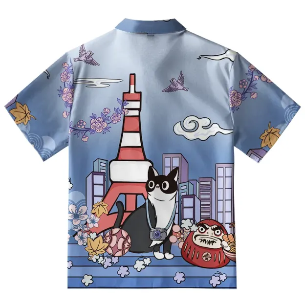 Tokyo Tower Landscape With Cat Button-up Shirt