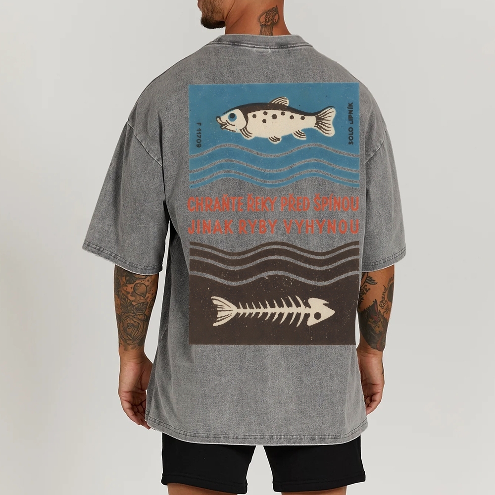 Fish And Fish Bone Washed Vintage Short Sleeves T-Shirt