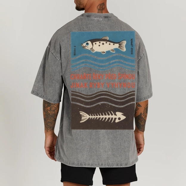 Fish And Fish Bone Washed Vintage Short Sleeves T-Shirt