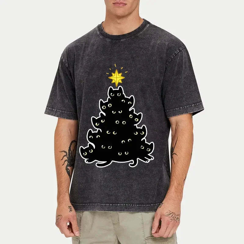 Black Cat Christmas Tree Washed T-Shirt