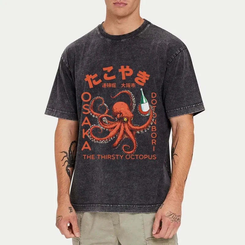 Octopus Drinks Soju Washed T-Shirt