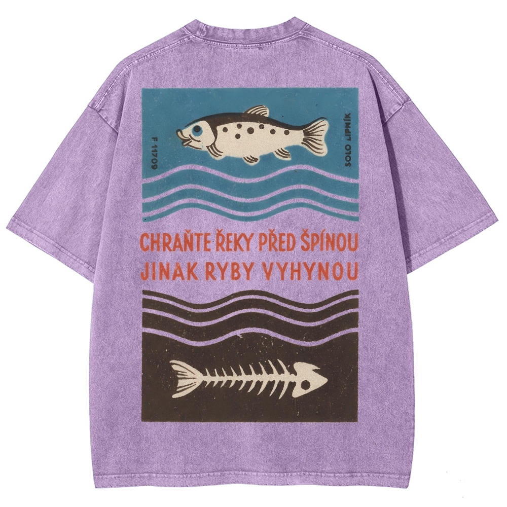 Fish And Fish Bone Washed Vintage Short Sleeves T-Shirt