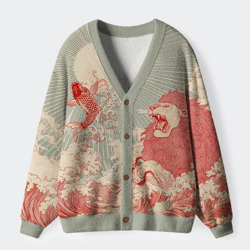 Fishneo Waves Of Lion And Koi Ugly Cardigan Sweater