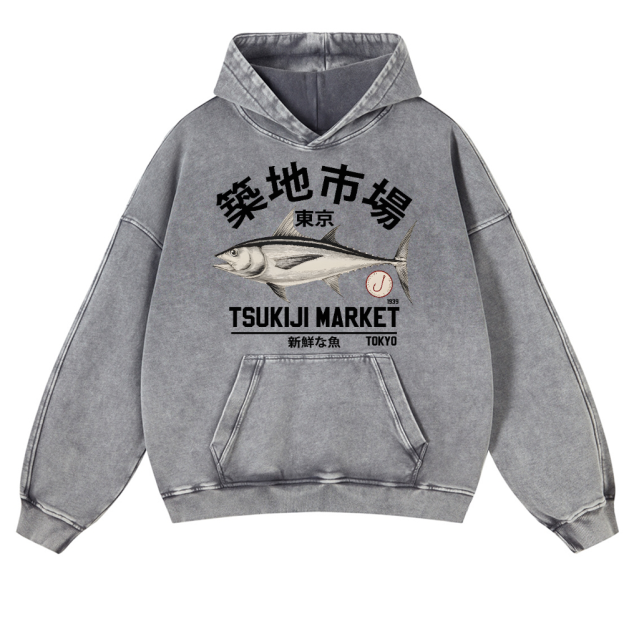 Tsukiji Tuna Fish Market Vintage Washed Thick Cotton Hoodie