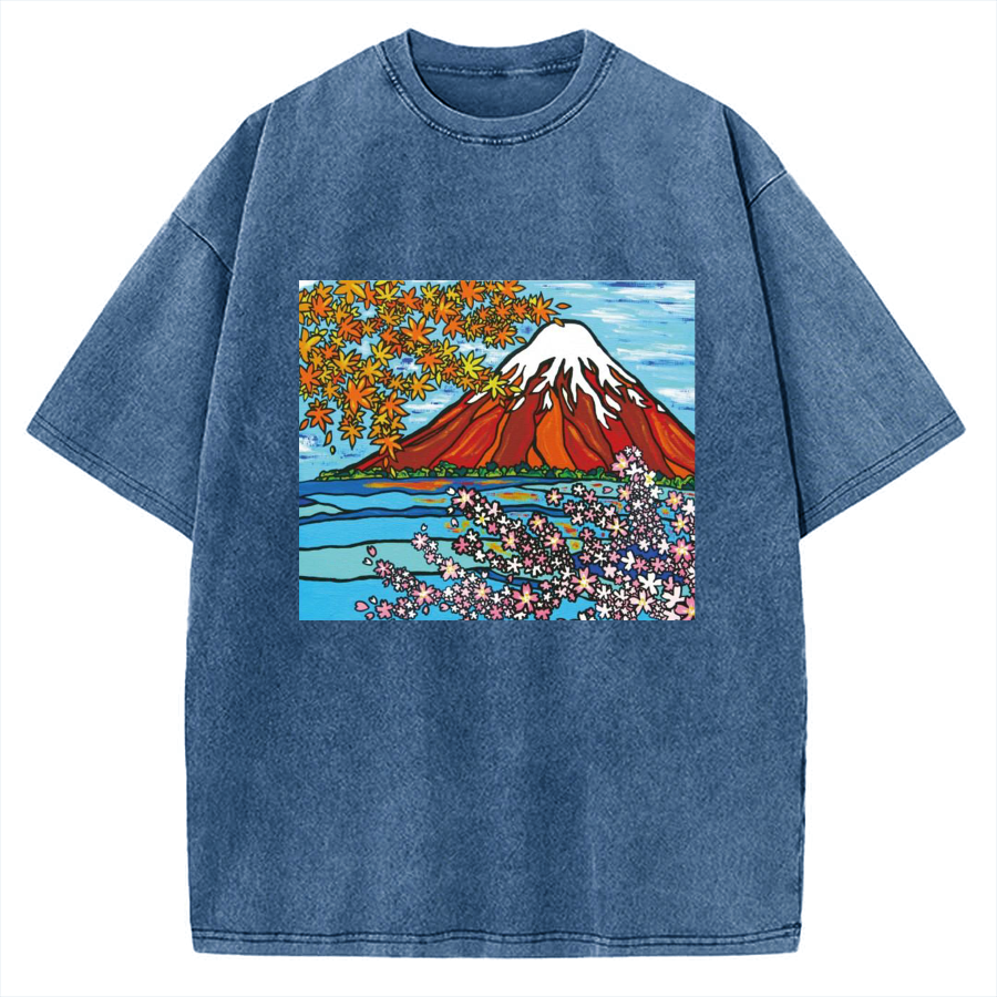 Mt Fuji Janapese Style Painting Vintage Washed T-shirt