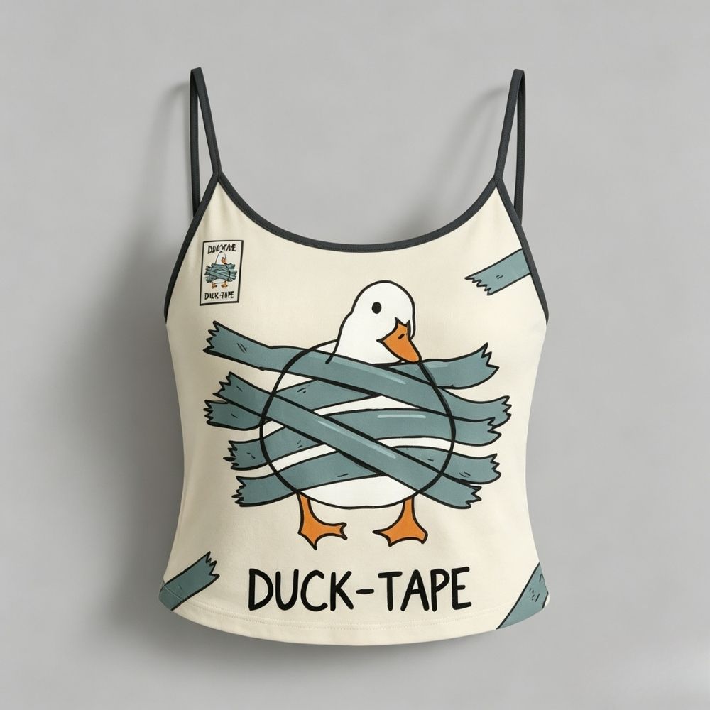 Funny Duck‑Tape Print Top & Elasticated Trousers Two-Piece Set