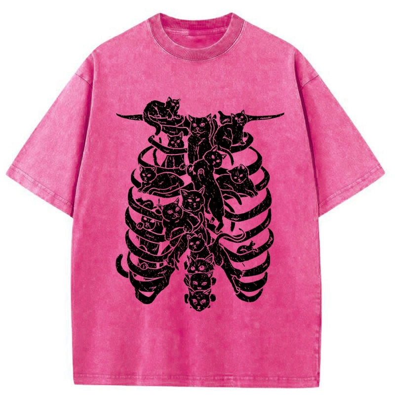 Cat Lying On The Skeleton Washed T-Shirt