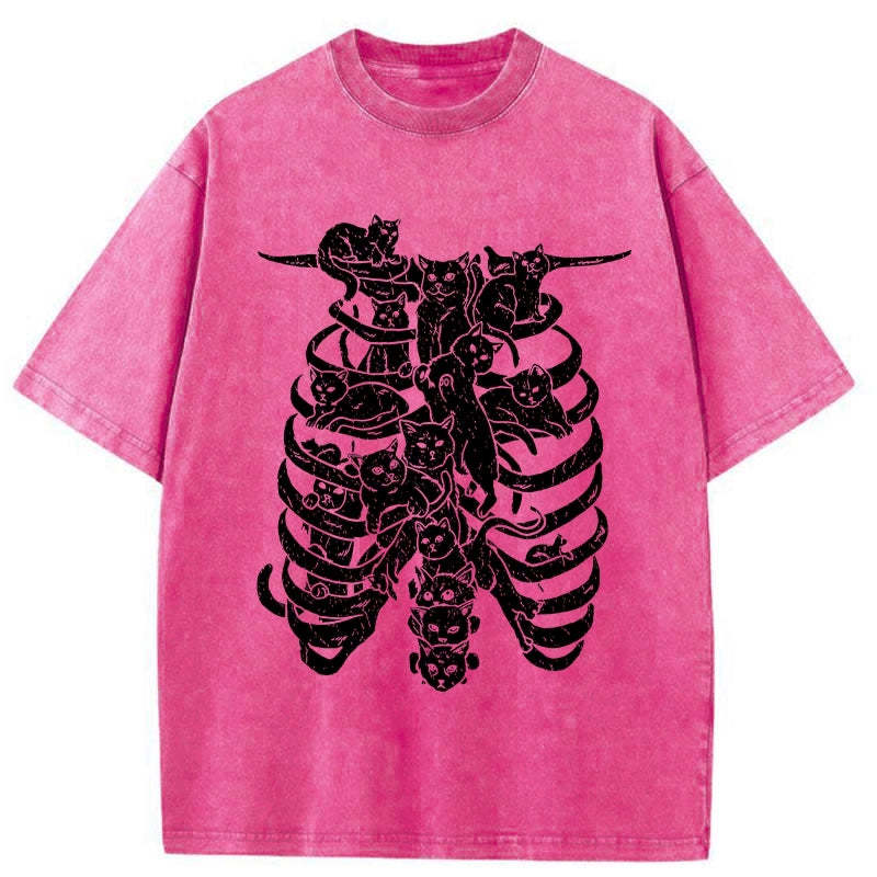 Cat Lying On The Skeleton Washed T-Shirt