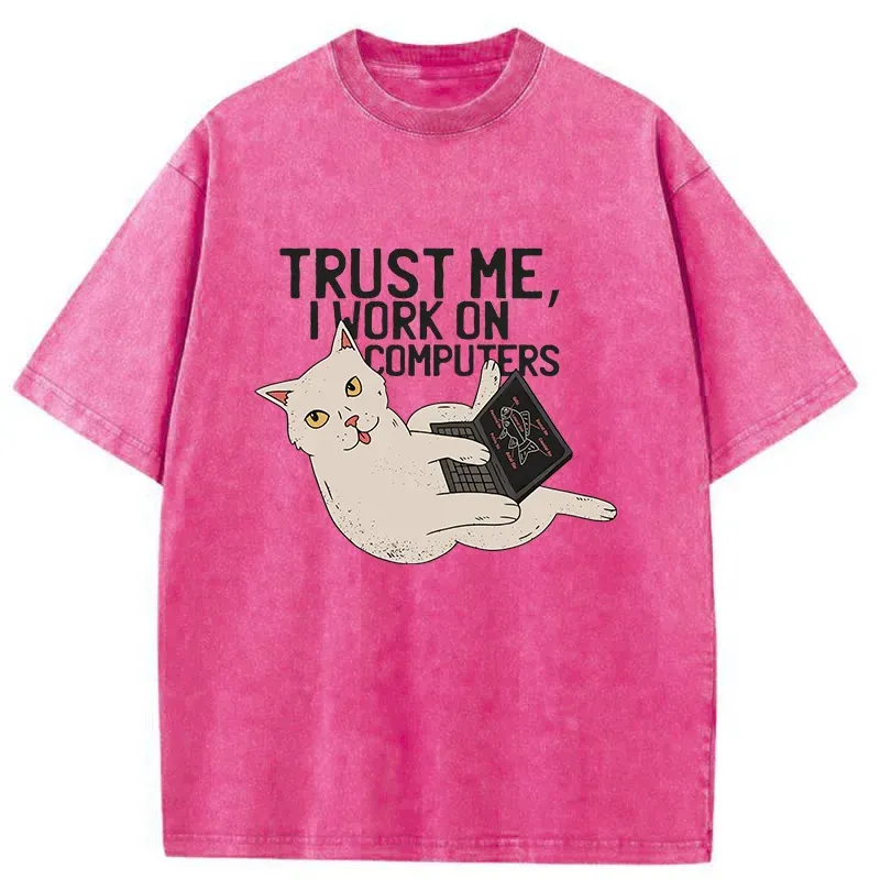 Cat At Work Washed T-Shirt